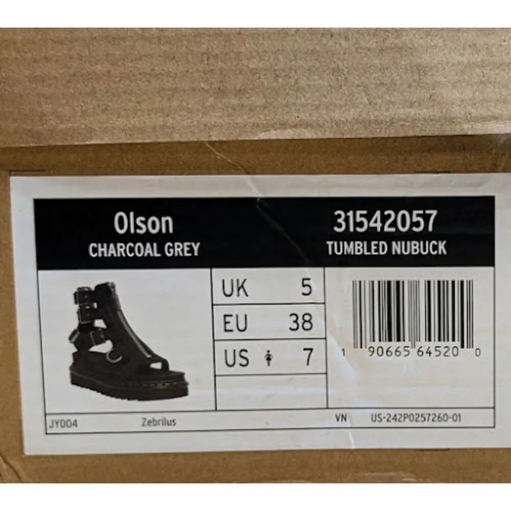 Dr. Martens Olson Grey Tumbled Nubuck Leather Gladiator Zip Sandals UK 5 NIB